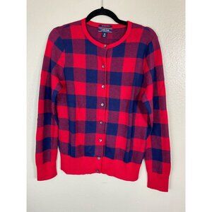 Lands End Supima Cotton Red Blue Buffalo Plaid Button Cardigan Sweater Medium